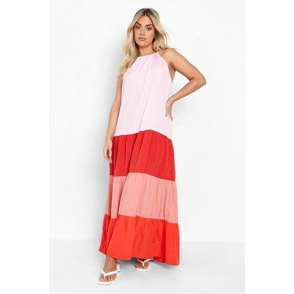 Boohoo Oversized Tiered Color Block Maxi Dress Pink - Picture 2 of 7